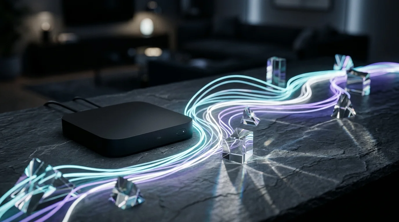 Sleek streaming hardware on dark slate desk with flowing fiber optic strands and optical prisms reflecting digital transmission lines